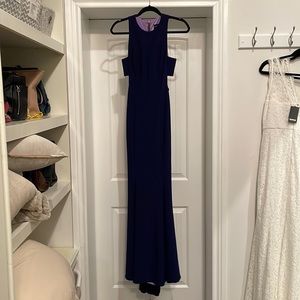 Betsy & Adam mermaid dress with rose gold zipper in navy blue with purple sz 2